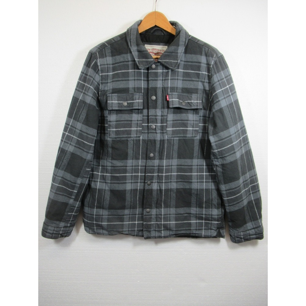 Levi's Quilt Lined Flannel Shirt Jacket Men M Gray Plaid Shacket Pockets Outdoor